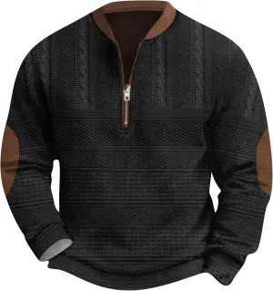 Mens Quarter Zip Sweater with Elbow Patches Long Sleeve Polo Shirts Vintage Waffle Sweatshirts