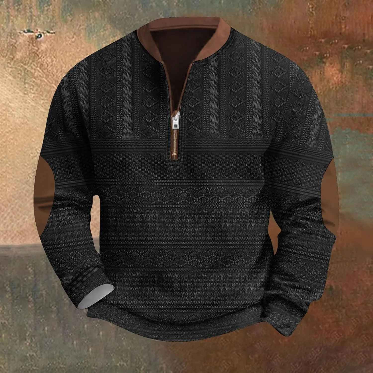 Mens Quarter Zip Sweater with Elbow Patches Long Sleeve Polo Shirts Vintage Waffle Sweatshirts