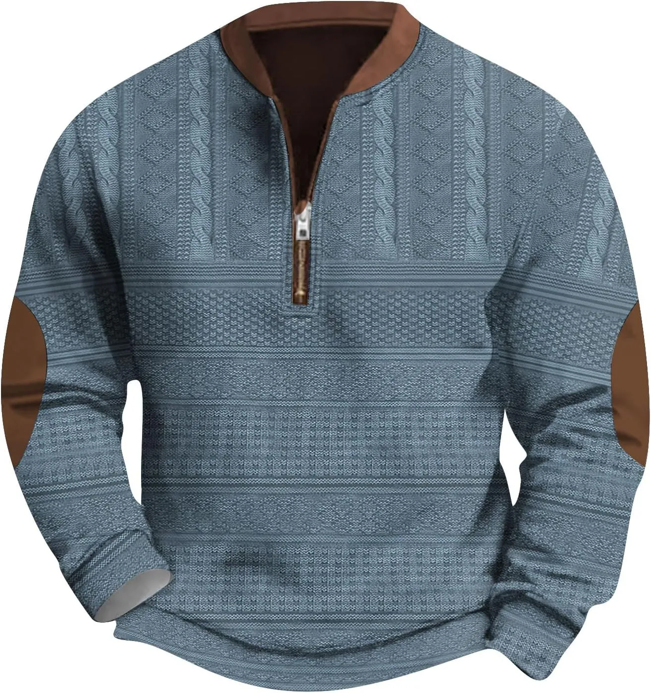 Mens Quarter Zip Sweater with Elbow Patches Long Sleeve Polo Shirts Vintage Waffle Sweatshirts