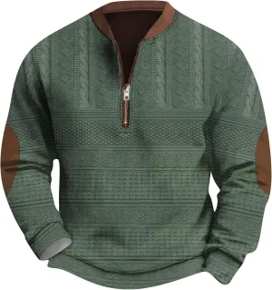 Mens Quarter Zip Sweater with Elbow Patches Long Sleeve Polo Shirts Vintage Waffle Sweatshirts