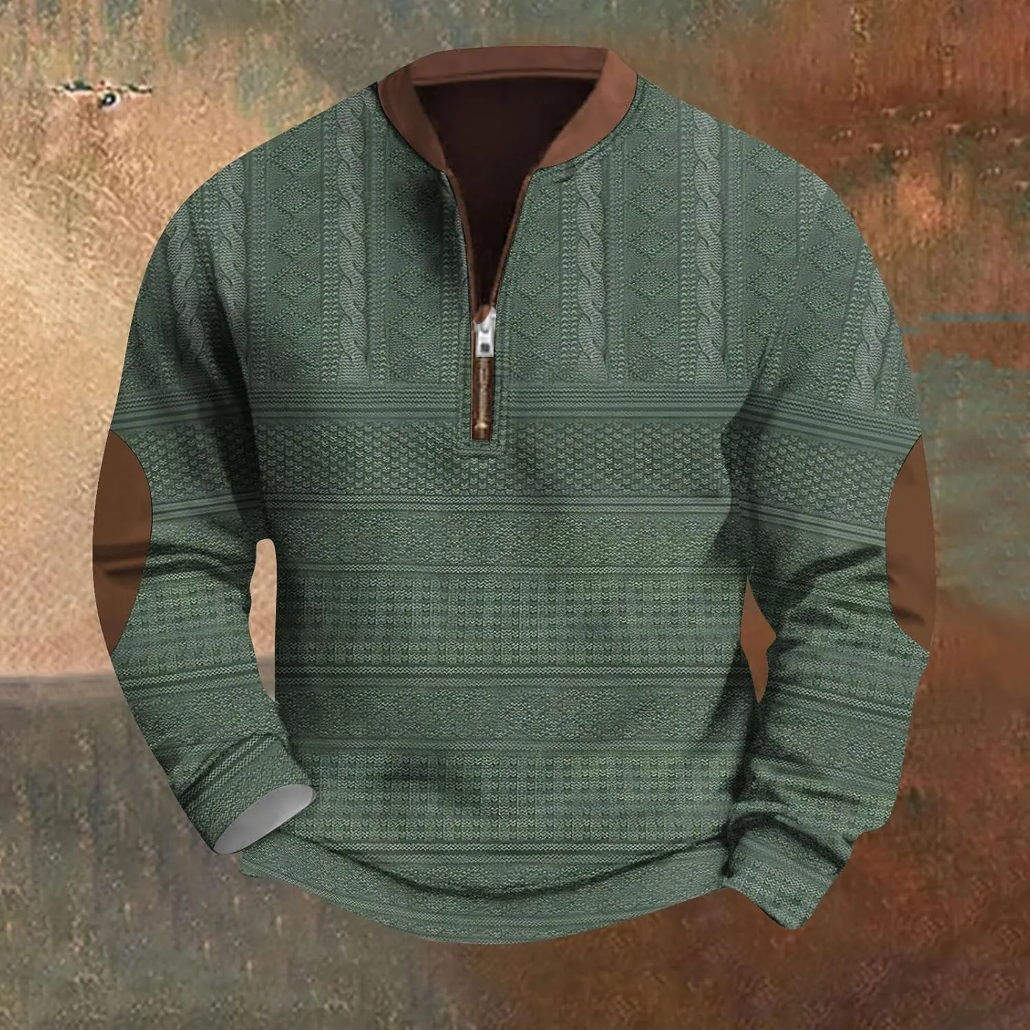 Mens Quarter Zip Sweater with Elbow Patches Long Sleeve Polo Shirts Vintage Waffle Sweatshirts