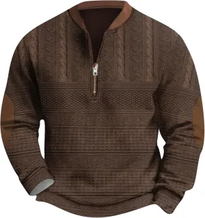 Mens Quarter Zip Sweater with Elbow Patches Long Sleeve Polo Shirts Vintage Waffle Sweatshirts