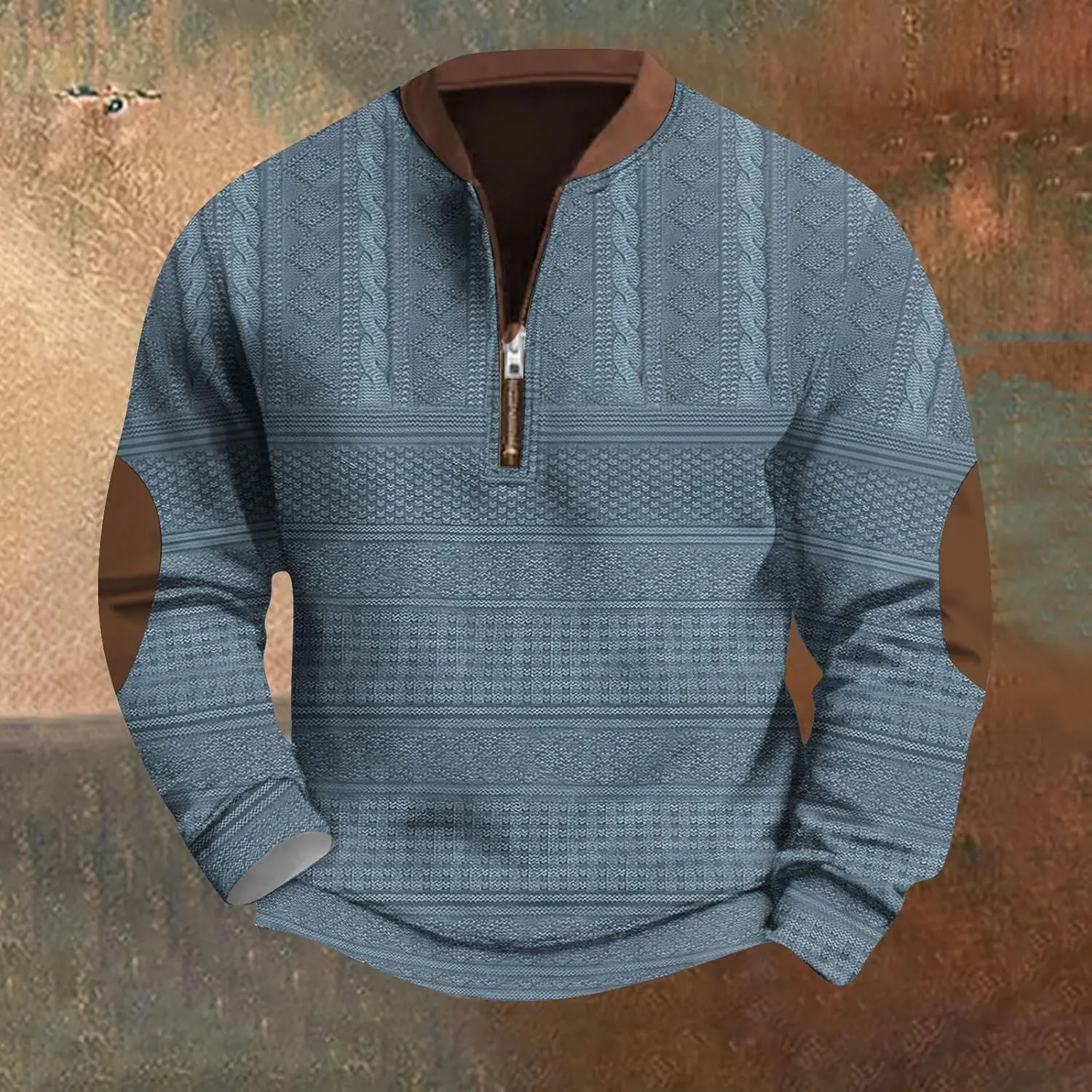 Mens Quarter Zip Sweater with Elbow Patches Long Sleeve Polo Shirts Vintage Waffle Sweatshirts