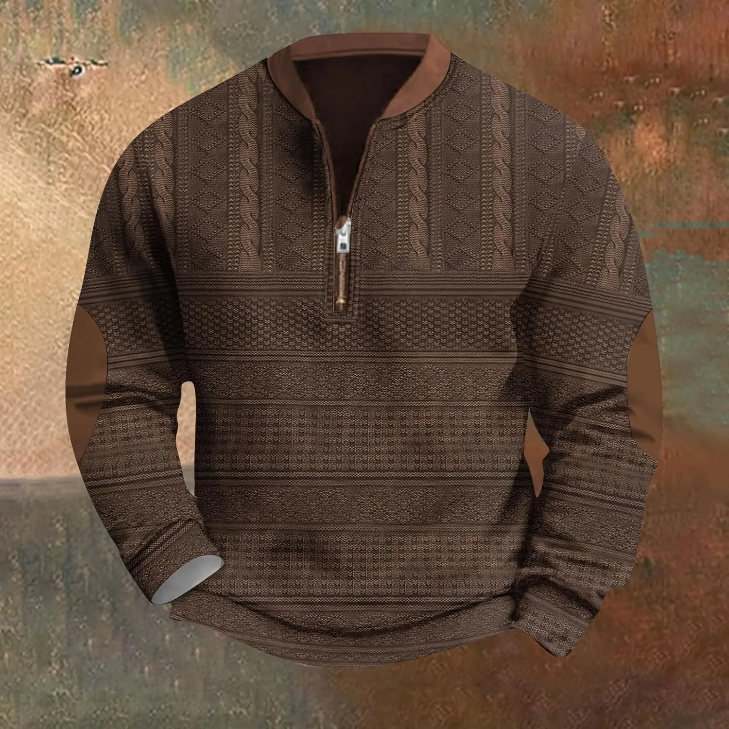 Mens Quarter Zip Sweater with Elbow Patches Long Sleeve Polo Shirts Vintage Waffle Sweatshirts