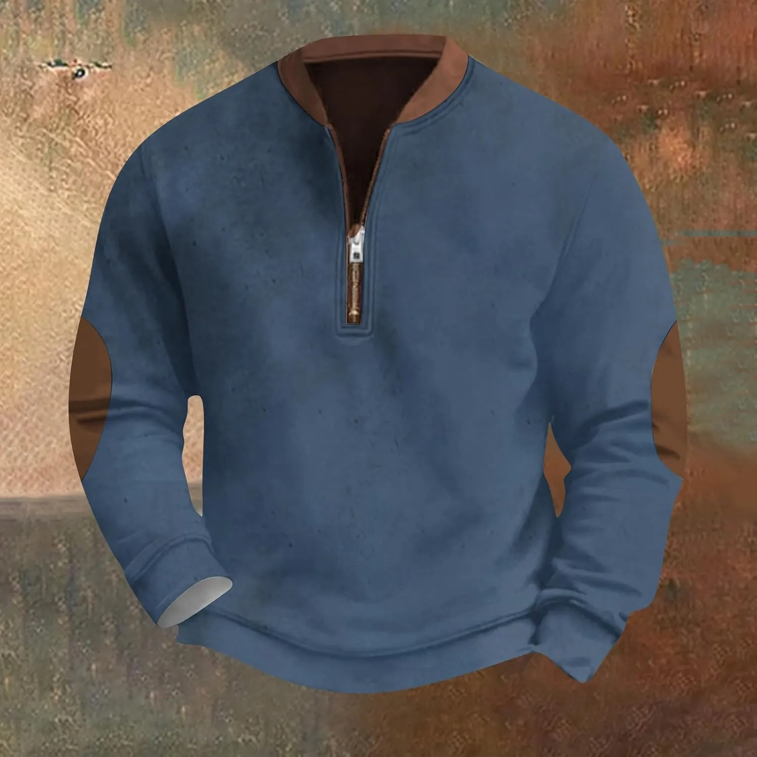 Mens Quarter Zip Sweater with Elbow Patches Long Sleeve Polo Shirts Vintage Waffle Sweatshirts
