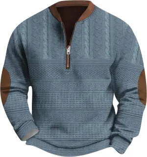 Mens Quarter Zip Sweater with Elbow Patches Long Sleeve Polo Shirts Vintage Waffle Sweatshirts