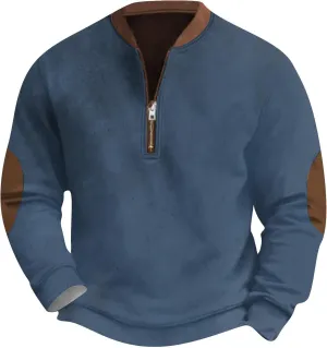 Mens Quarter Zip Sweater with Elbow Patches Long Sleeve Polo Shirts Vintage Waffle Sweatshirts