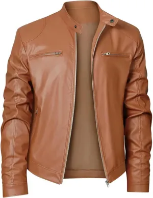 Men's Stand Collar PU Leather Jacket Zip Up Motorcycle Lightweight Faux Leather Bomber Outwear with Zipper Pockets