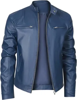 Men's Stand Collar PU Leather Jacket Zip Up Motorcycle Lightweight Faux Leather Bomber Outwear with Zipper Pockets