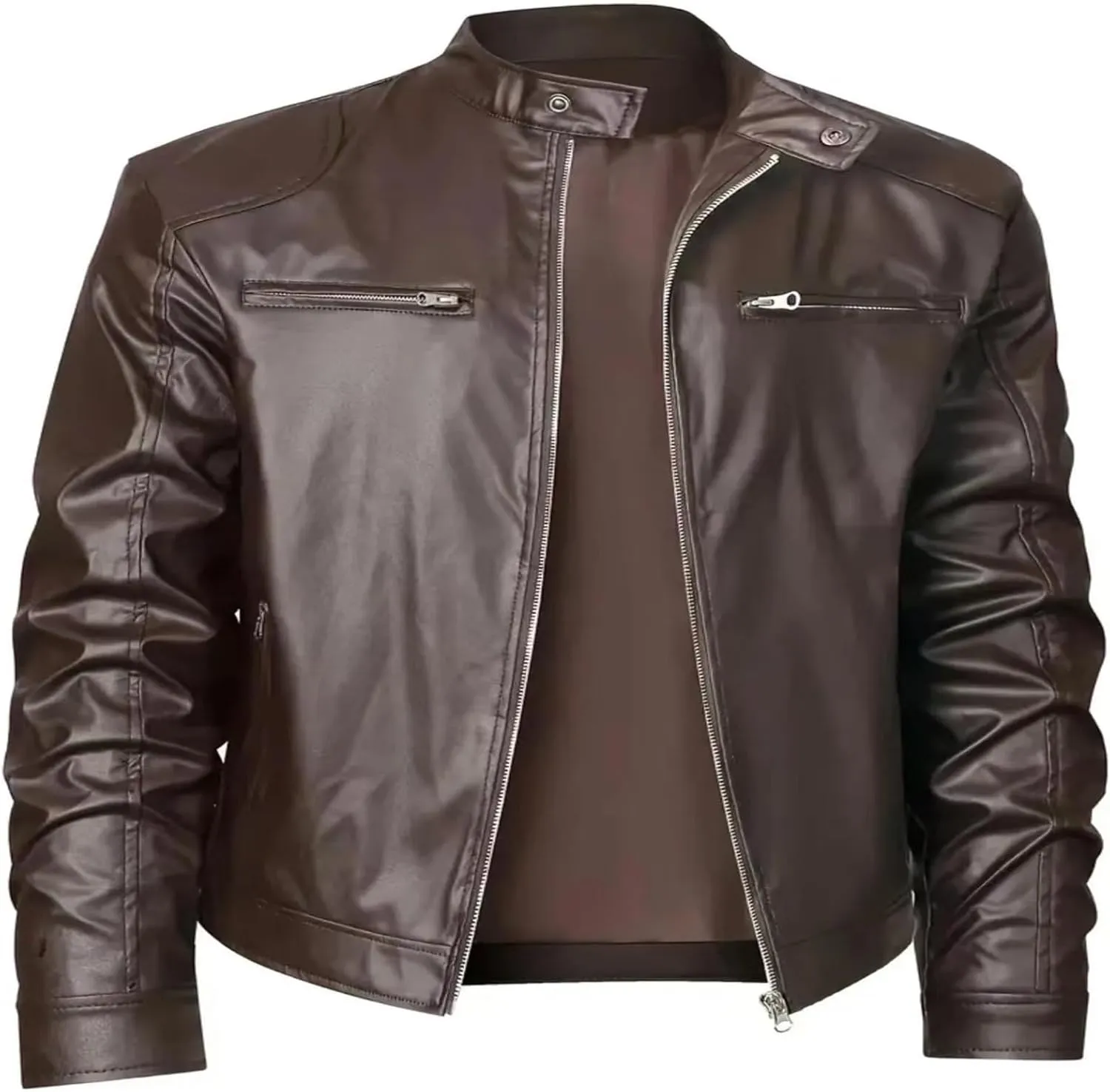 Men's Stand Collar PU Leather Jacket Zip Up Motorcycle Lightweight Faux Leather Bomber Outwear with Zipper Pockets