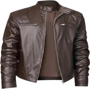 Men's Stand Collar PU Leather Jacket Zip Up Motorcycle Lightweight Faux Leather Bomber Outwear with Zipper Pockets