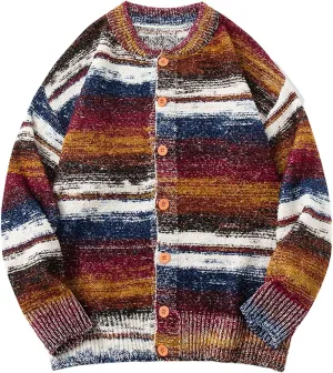 Men's Striped Cardigan Oversized Knitted Sweater Long Sleeve Button Down Fuzzy Jackets Casual Crew Neck Knitwear