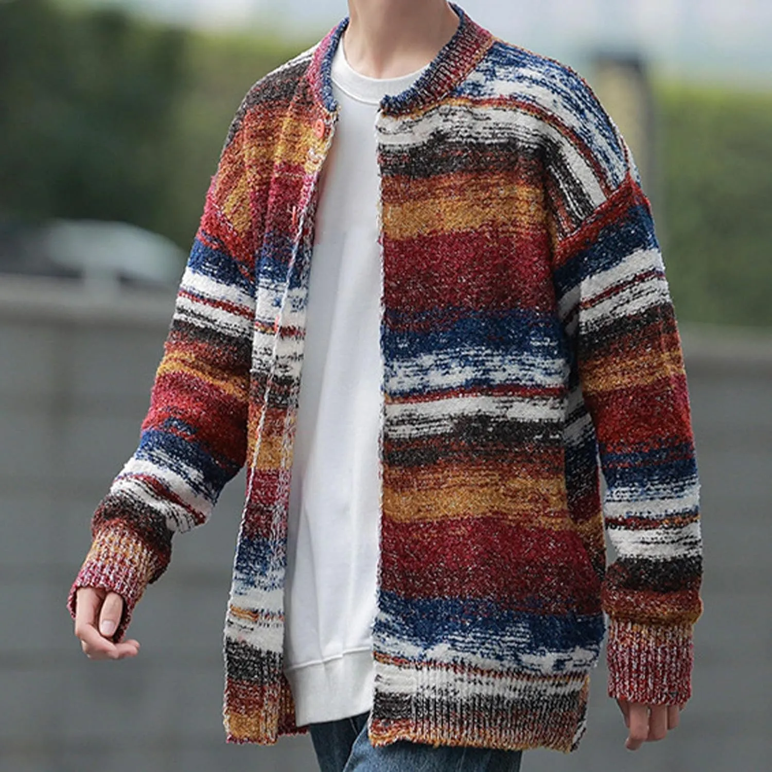 Men's Striped Cardigan Oversized Knitted Sweater Long Sleeve Button Down Fuzzy Jackets Casual Crew Neck Knitwear