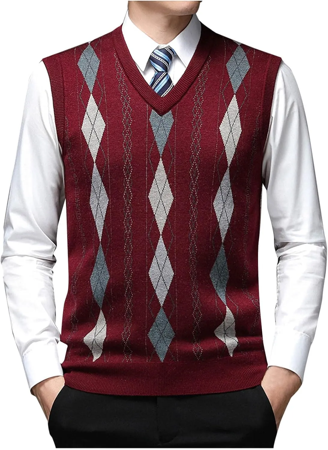 Mens Stylish Argyle Sweater Vests Classic V-Neck Knit Sleeveless Casual Pullover Sweaters Fall Winter Warm Tank Tops