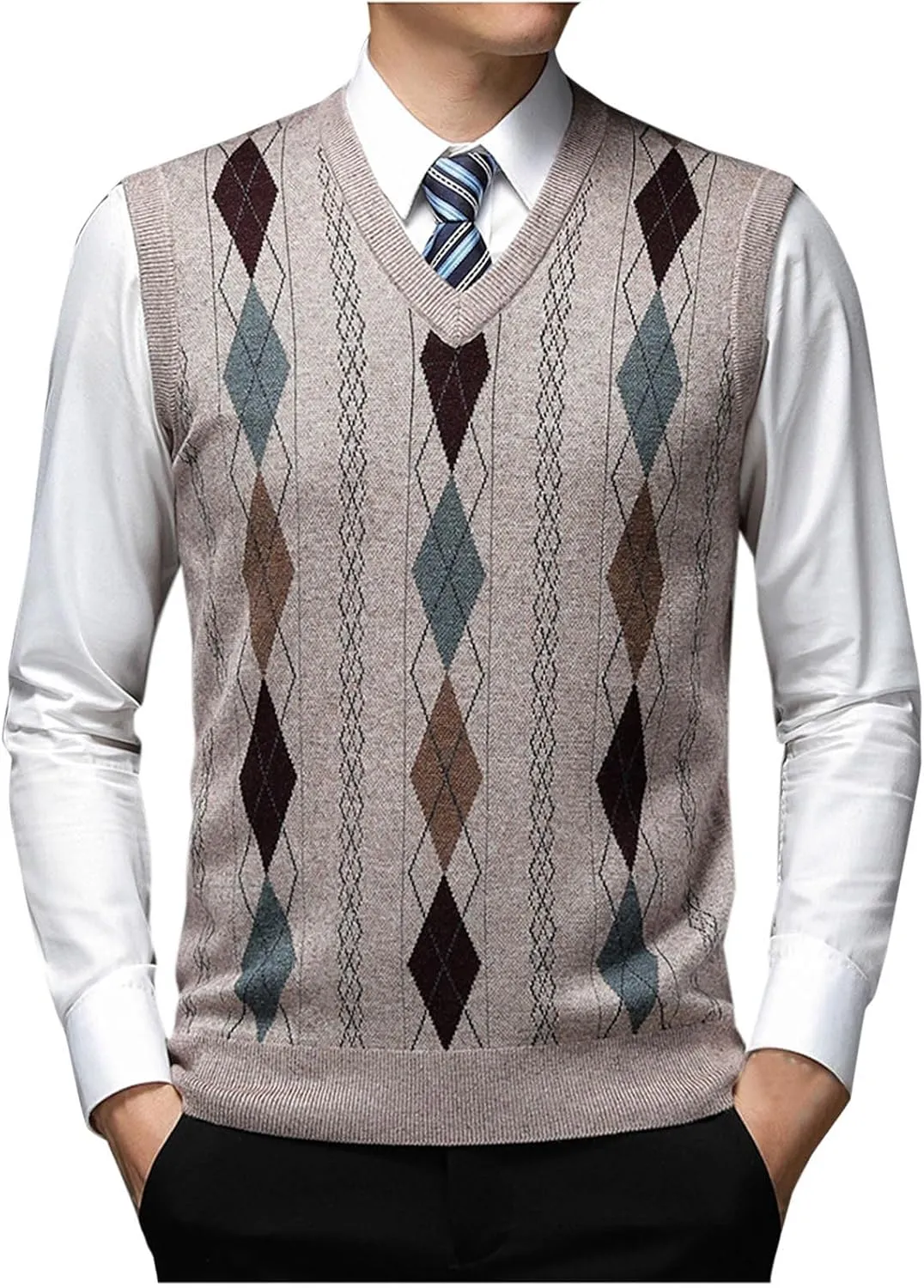 Mens Stylish Argyle Sweater Vests Classic V-Neck Knit Sleeveless Casual Pullover Sweaters Fall Winter Warm Tank Tops