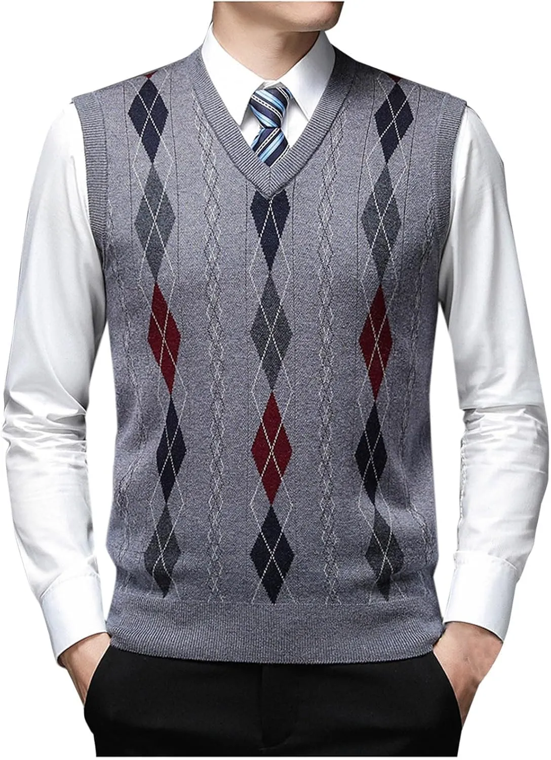Mens Stylish Argyle Sweater Vests Classic V-Neck Knit Sleeveless Casual Pullover Sweaters Fall Winter Warm Tank Tops