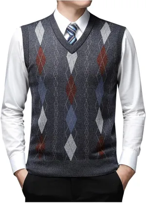 Mens Stylish Argyle Sweater Vests Classic V-Neck Knit Sleeveless Casual Pullover Sweaters Fall Winter Warm Tank Tops
