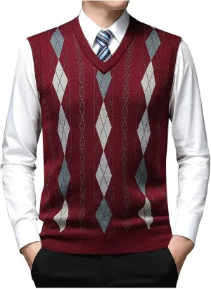 Mens Stylish Argyle Sweater Vests Classic V-Neck Knit Sleeveless Casual Pullover Sweaters Fall Winter Warm Tank Tops