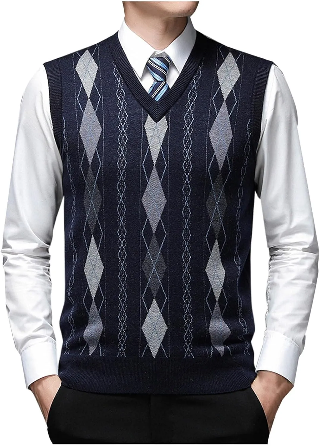 Mens Stylish Argyle Sweater Vests Classic V-Neck Knit Sleeveless Casual Pullover Sweaters Fall Winter Warm Tank Tops