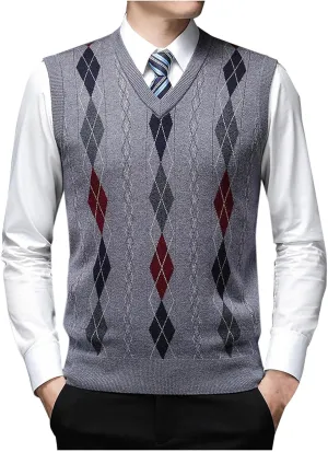 Mens Stylish Argyle Sweater Vests Classic V-Neck Knit Sleeveless Casual Pullover Sweaters Fall Winter Warm Tank Tops