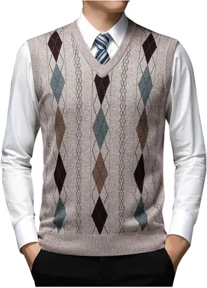 Mens Stylish Argyle Sweater Vests Classic V-Neck Knit Sleeveless Casual Pullover Sweaters Fall Winter Warm Tank Tops