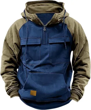 Mens Sweatshirts Winter Vintage Long Sleeve Hoodie Half Zipper Hooded Sweatshirt Top Workwear Multi Pocket Outdoor