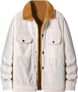 Mens Thick Corduroy Jacket Sherpa Lined Trucker Jackets Fur Lapel Collar Warm Winter Jackets Casual Coat with Pockets