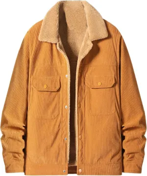Mens Thick Corduroy Jacket Sherpa Lined Trucker Jackets Fur Lapel Collar Warm Winter Jackets Casual Coat with Pockets
