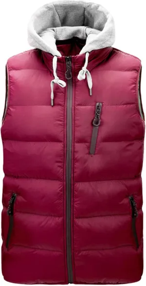Men's Thicken Winter Warm Vest Sleeveless Padded Puffer Jacket Lightweight Windproof Hooded Vest with Removable Hood
