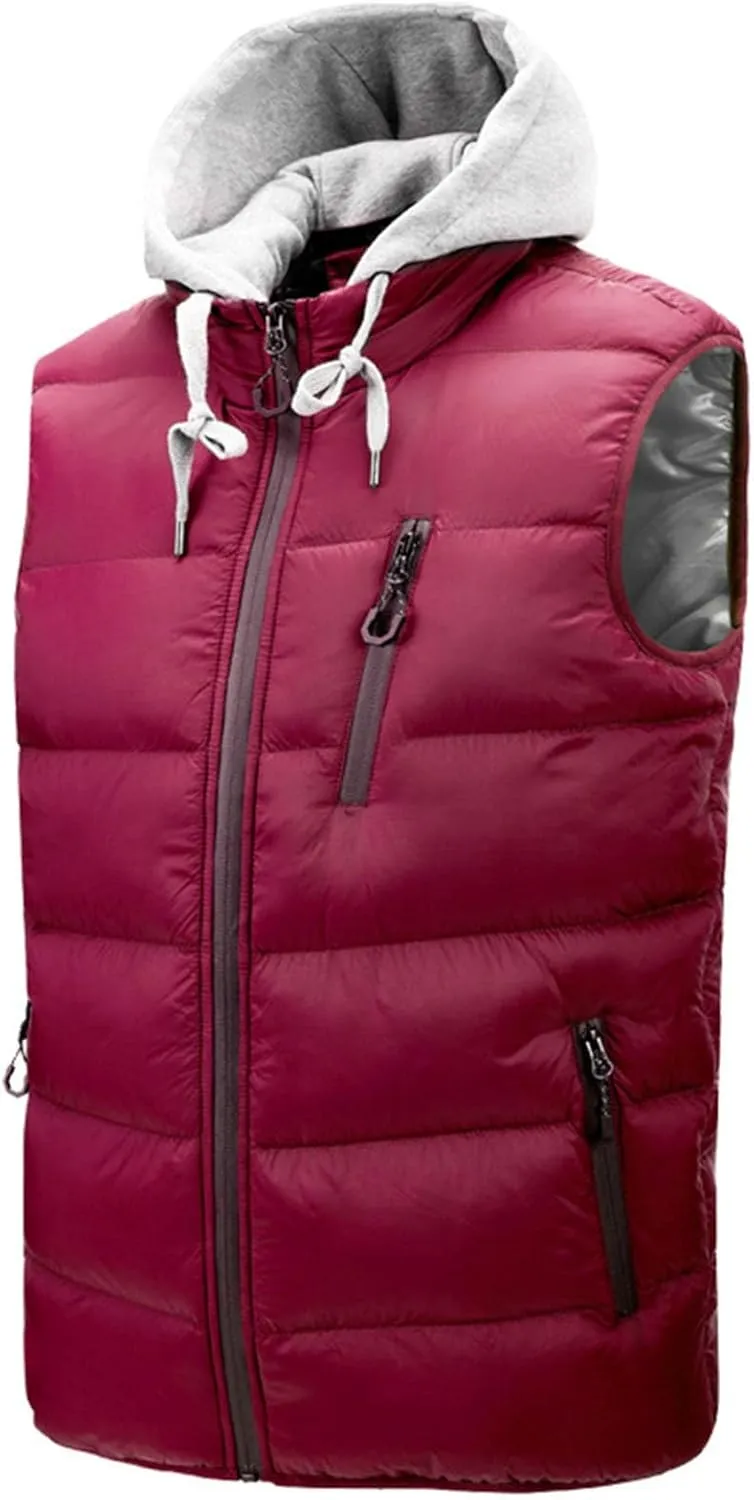 Men's Thicken Winter Warm Vest Sleeveless Padded Puffer Jacket Lightweight Windproof Hooded Vest with Removable Hood