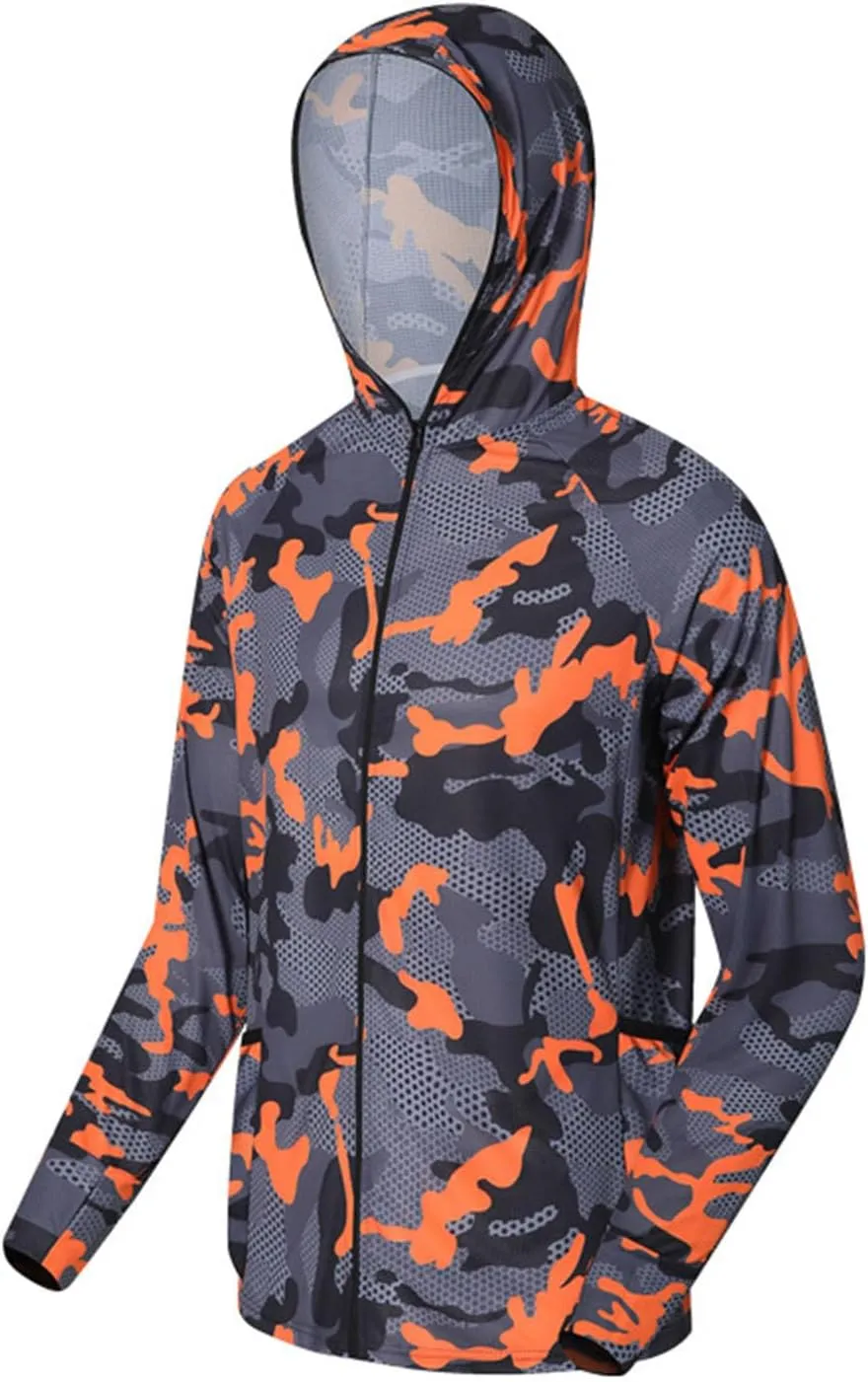 Men's UPF 50  Light Jacket Sun Protection Hooded SPF UV Jacket Outdoor Hiking Fishing Camo Shirt Long Sleeve Full Zip