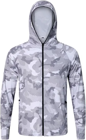 Men's UPF 50  Light Jacket Sun Protection Hooded SPF UV Jacket Outdoor Hiking Fishing Camo Shirt Long Sleeve Full Zip