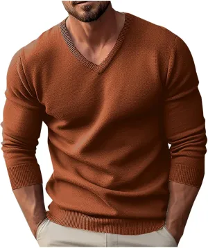 Mens V-neck Sweatshirts Casual Loose Solid Long Sleeve Base Pullover Top Classic Big and Tall Work Knit Sweater Shirt