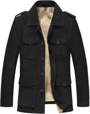 Men's Vintage Suede Jacket Winter Warm Sherpa Fleece Lined Jackets Retro Fashion Button Up Motorcycle Outerwear Coats