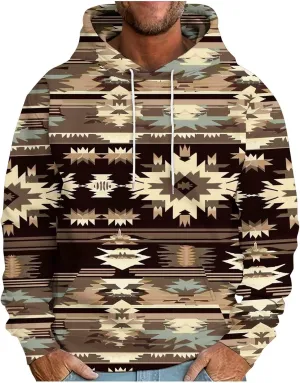 Men's Vintage Western Hoodies Aztec Ethnic Printed Tops Long Sleeve Tribal Ethnic Print Hooded Sweatshirts