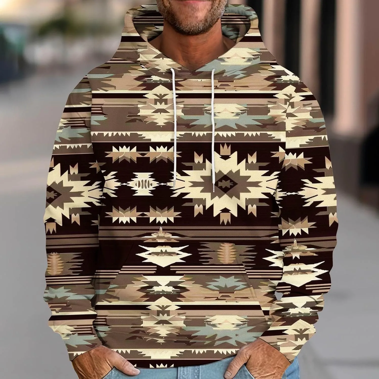 Men's Vintage Western Hoodies Aztec Ethnic Printed Tops Long Sleeve Tribal Ethnic Print Hooded Sweatshirts
