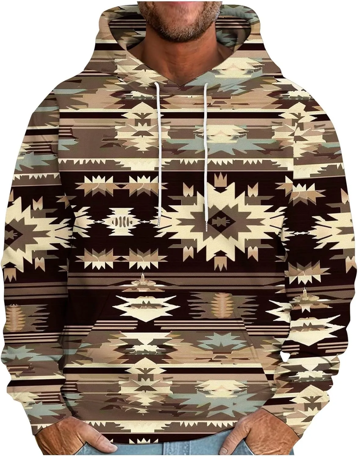 Men's Vintage Western Hoodies Aztec Ethnic Printed Tops Long Sleeve Tribal Ethnic Print Hooded Sweatshirts