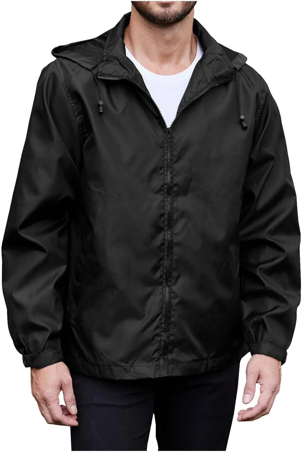 Men's Waterproof Raincoat Zip Up Lightweight Rain Jacket with Detachable Hood Softshell Windbreaker for Hiking Travel