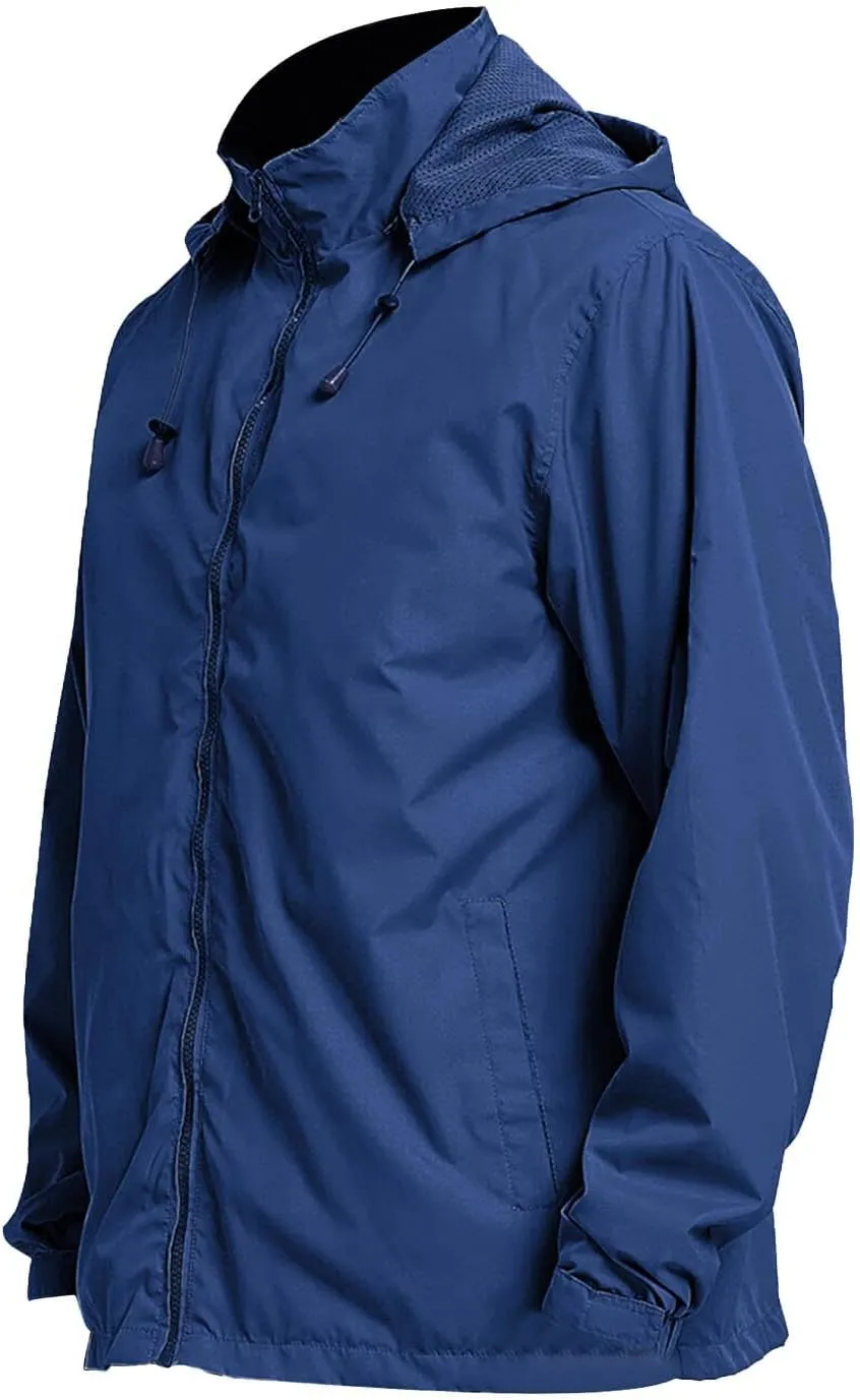Men's Waterproof Raincoat Zip Up Lightweight Rain Jacket with Detachable Hood Softshell Windbreaker for Hiking Travel