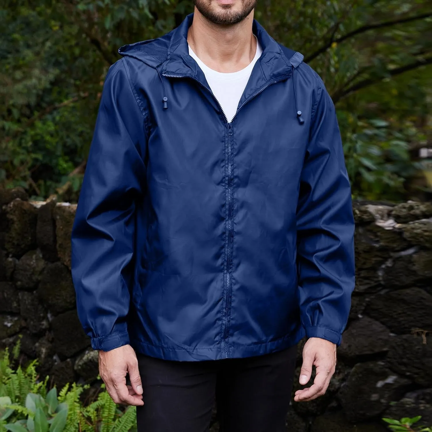 Men's Waterproof Raincoat Zip Up Lightweight Rain Jacket with Detachable Hood Softshell Windbreaker for Hiking Travel