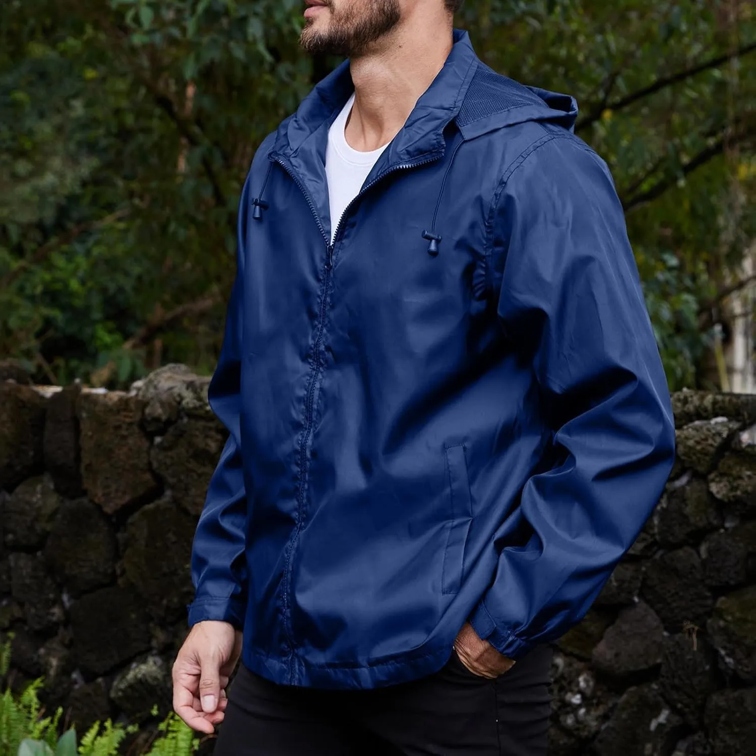 Men's Waterproof Raincoat Zip Up Lightweight Rain Jacket with Detachable Hood Softshell Windbreaker for Hiking Travel
