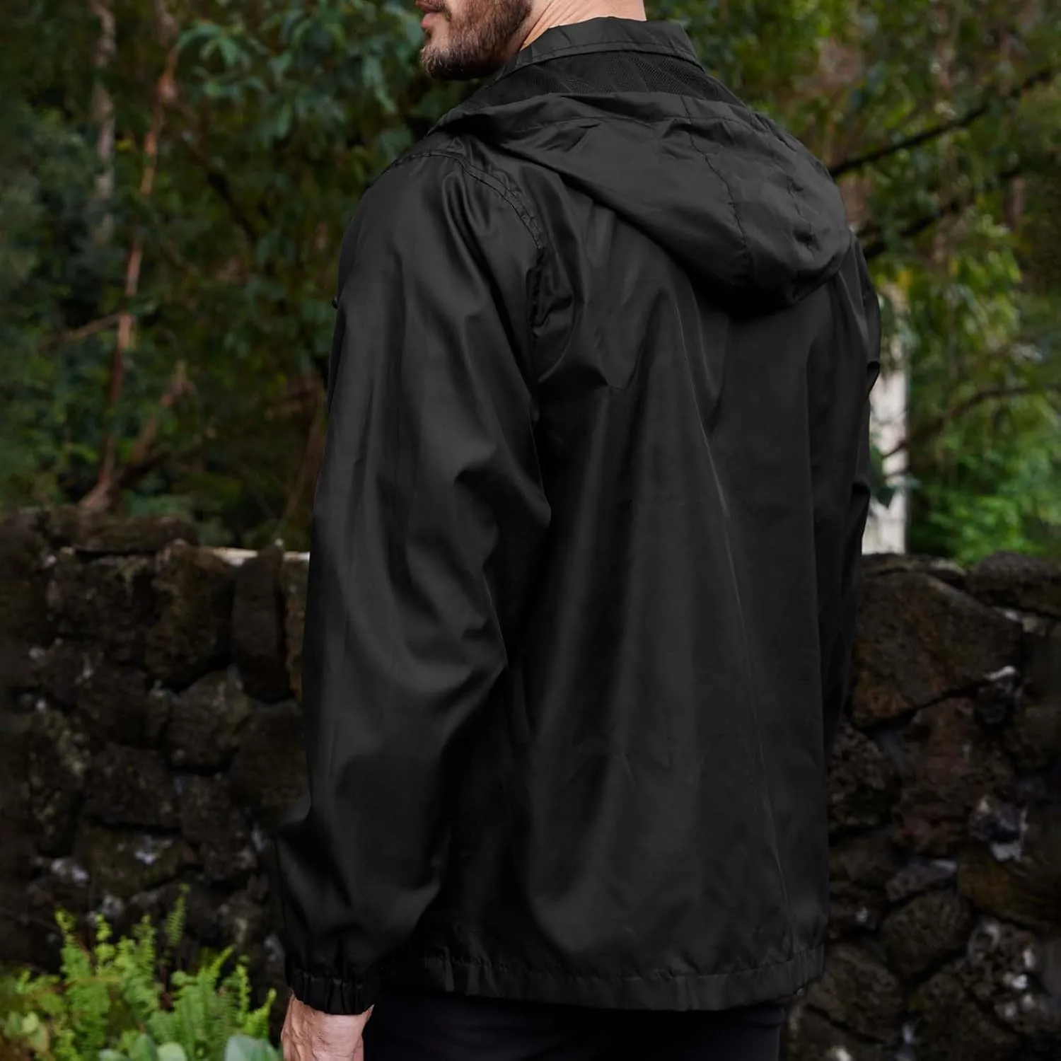 Men's Waterproof Raincoat Zip Up Lightweight Rain Jacket with Detachable Hood Softshell Windbreaker for Hiking Travel