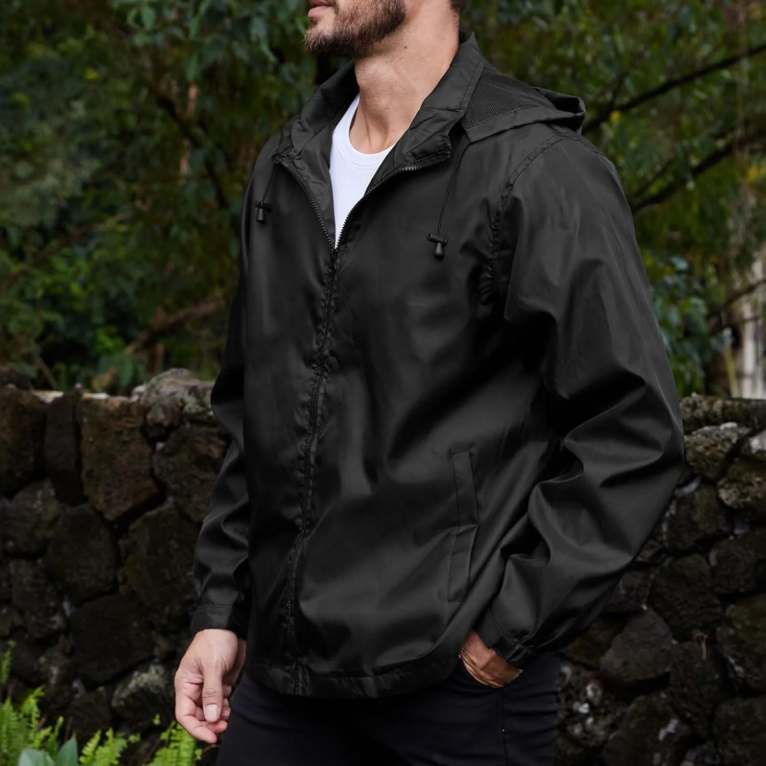 Men's Waterproof Raincoat Zip Up Lightweight Rain Jacket with Detachable Hood Softshell Windbreaker for Hiking Travel