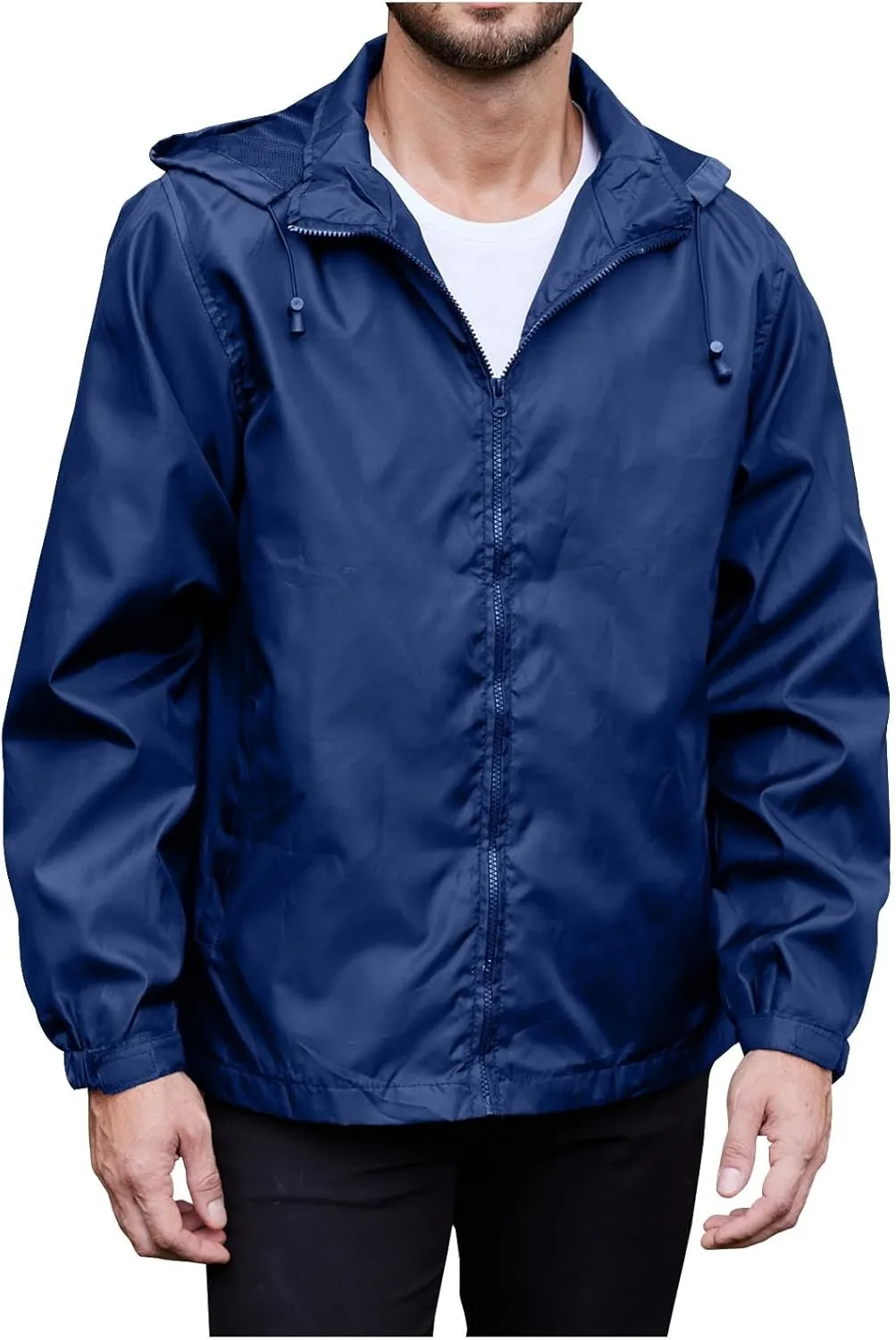 Men's Waterproof Raincoat Zip Up Lightweight Rain Jacket with Detachable Hood Softshell Windbreaker for Hiking Travel