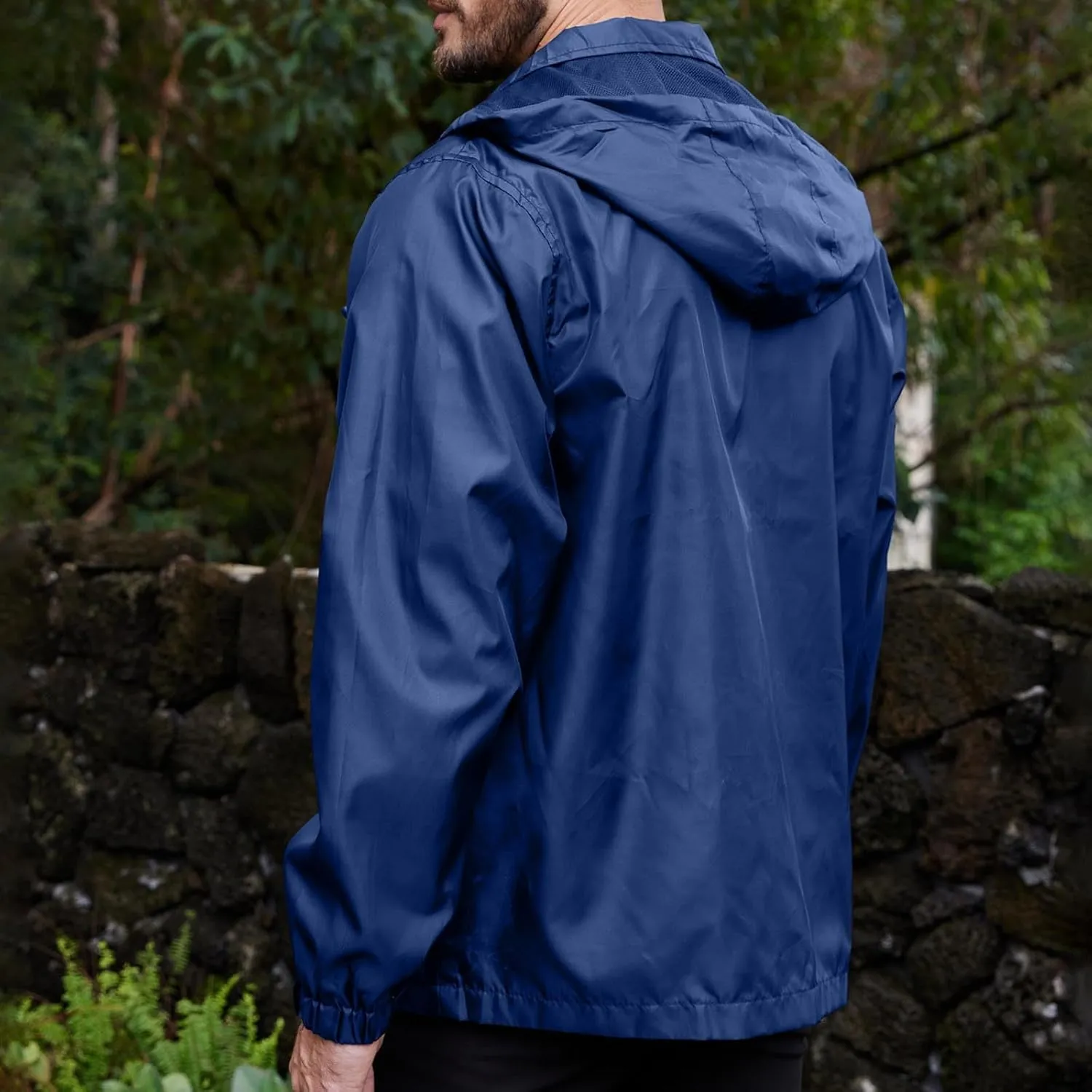 Men's Waterproof Raincoat Zip Up Lightweight Rain Jacket with Detachable Hood Softshell Windbreaker for Hiking Travel