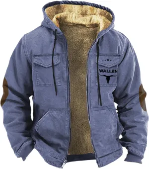 Men'S Winter Coats Plus Thickened Pocket Western Cowboy Printed Hooded Warm Cotton Jacket Fleece Sherpa Lineed