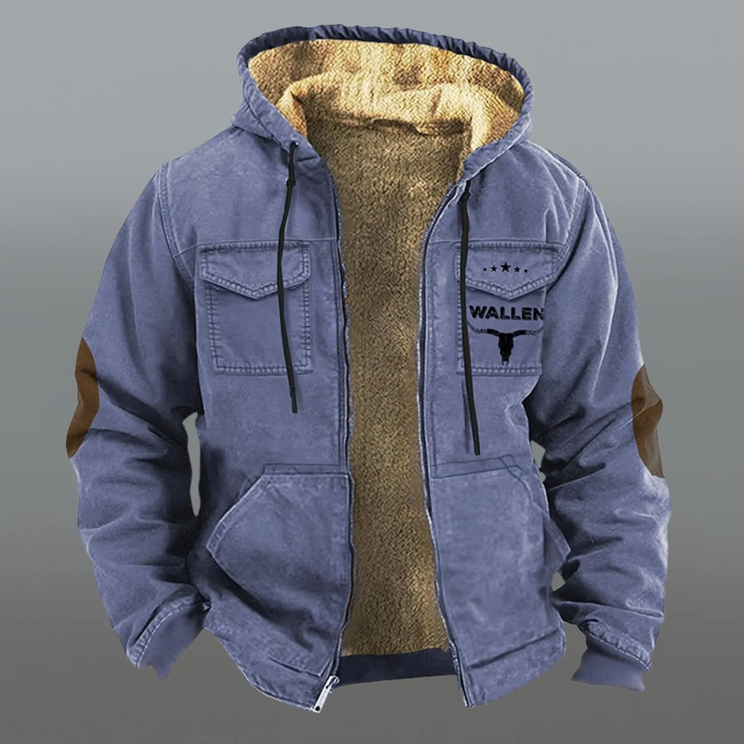 Men'S Winter Coats Plus Thickened Pocket Western Cowboy Printed Hooded Warm Cotton Jacket Fleece Sherpa Lineed
