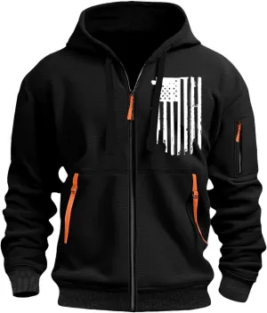 Men's Zipper USA Flag Print Hoodie Trendy Long Sleeve Drawstring Shirt Light Patriotic Sweatshirt with Pockets