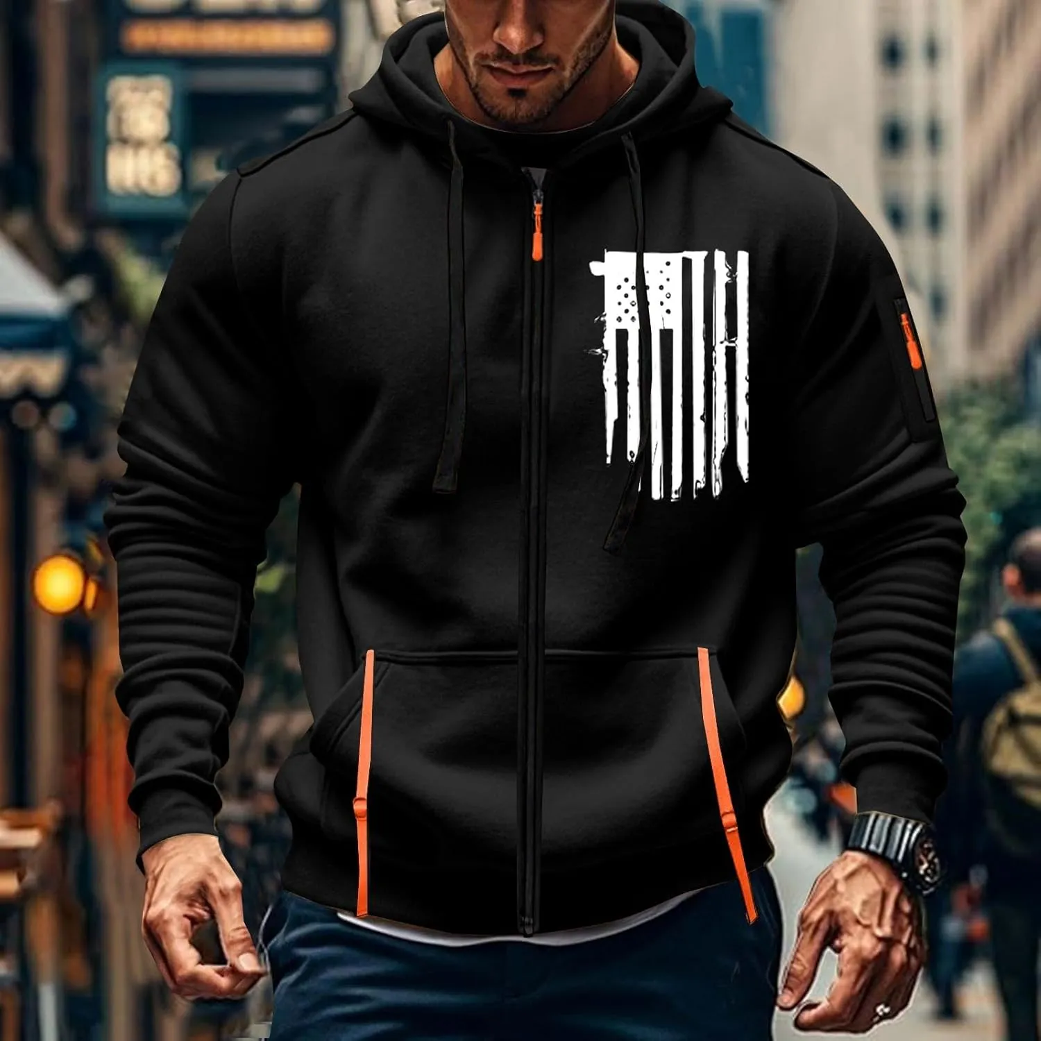 Men's Zipper USA Flag Print Hoodie Trendy Long Sleeve Drawstring Shirt Light Patriotic Sweatshirt with Pockets