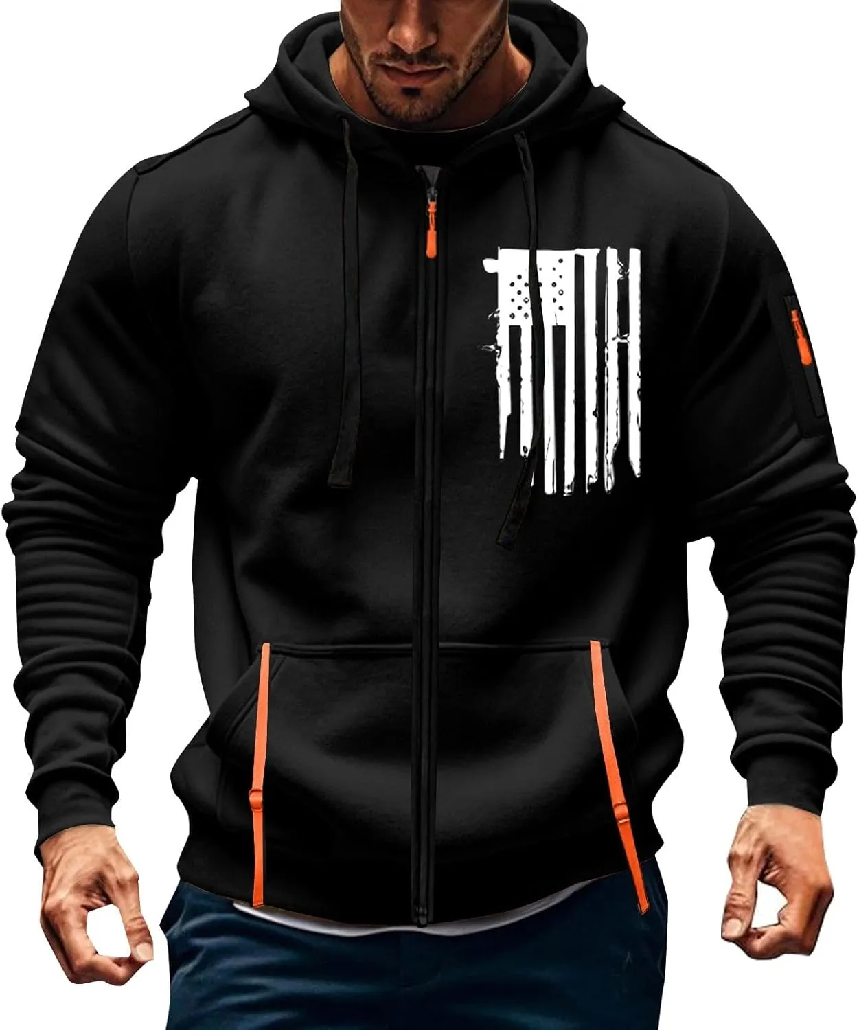 Men's Zipper USA Flag Print Hoodie Trendy Long Sleeve Drawstring Shirt Light Patriotic Sweatshirt with Pockets